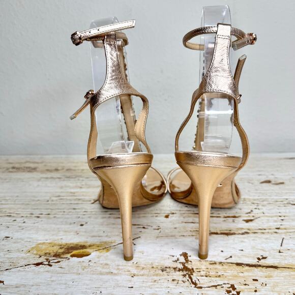 Badgley Mischka Gold Leather Rhinestone Embellished Strappy Pumps 6 - Picture 4 of 11